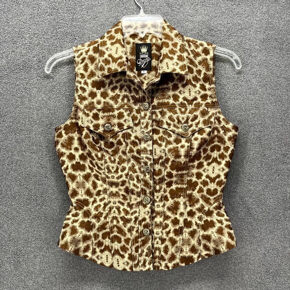 High Drama Vest Women 6 Brown Sleeveless Pockets Button Animal Print - Picture 1 of 16